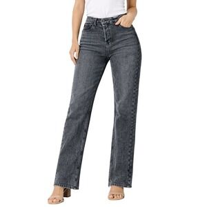 *NWT* Fashion Nova Straight Leg Jeans Women Sz. 7 Grey Crossover Button Fly‎
